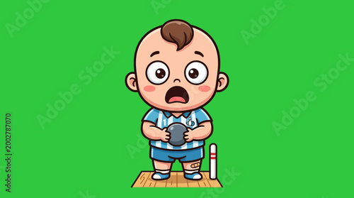 Cartoon baby bowler with a bowling ball and a pin.