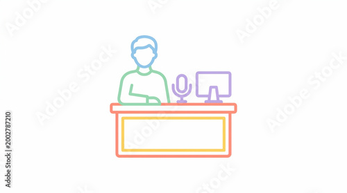 Podcaster broadcaster at desk minimalist line icon