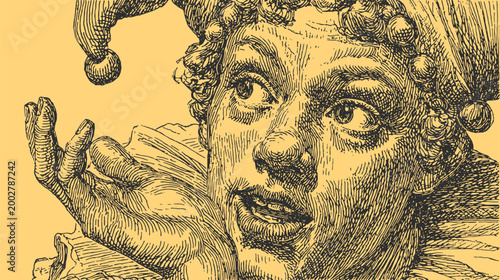 Jester character illustration featuring humor and expression. Detailed vintage line art in black and white, showcasing a festive performer in a vector style.