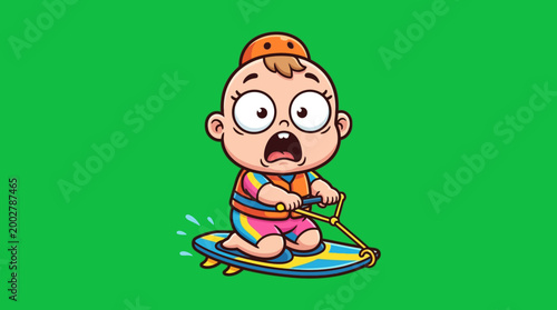 Cartoon baby wakeboarding on a surfboard with shocked expression, green background.