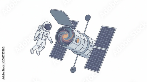 Illustration of an astronaut floating near a space telescope