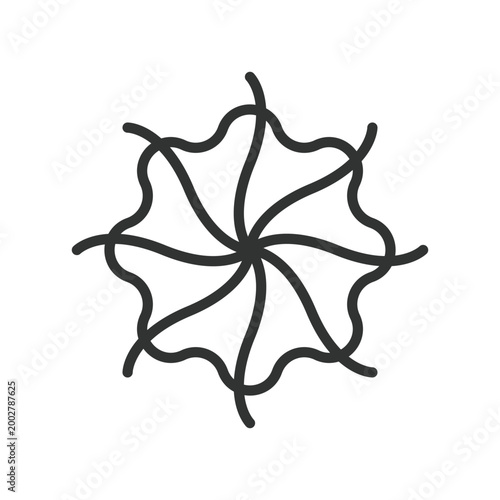 Organic swirl flower shape, icon in line design. organic, swirl, flower, radial, abstract, shape, symmetry on white background vector. Organic swirl flower shape editable stroke icon