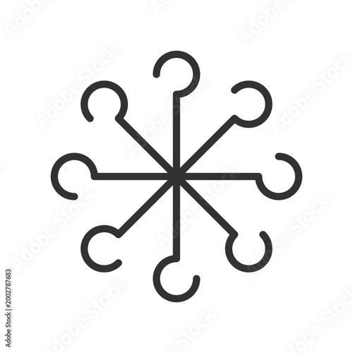 Radial hook shape, icon in line design. radial, hook, abstract, circle, symmetry, shape, minimal on white background vector. Radial hook shape editable stroke icon