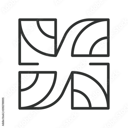 Abstract curved tile composition, icon in line design. abstract, curved, tile, geometric, pattern, minimal, symmetry on white background vector. Abstract curved tile composition editable stroke icon