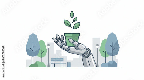 Robot hand holding a potted plant in a park setting