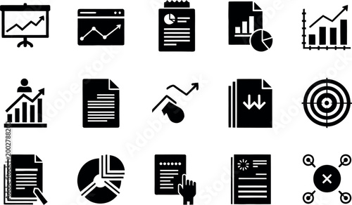 Business analytics and data visualization icon set in solid black style