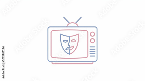 Minimalist outline icon of a classic television showing a comedy and tragedy mask