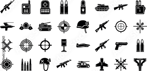 Black silhouette icons of military equipment and weapons