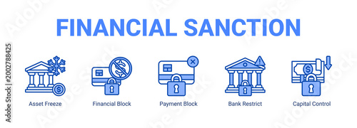 Financial Sanction web banner icon concept, with Asset Freeze, Financial Block, Payment Block, Bank Restrict.