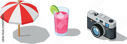 Isometric Summer Travel Vector Icon Set - 3D Beach Umbrella, Refreshing Pink Cocktail with Lime, and Vintage Photo Camera Illustrations for Vacation, Tourism, and Seasonal Holiday Graphic Design
