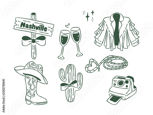 Canvas-taulu Hand drawn Nashville western icons with boots, champagne, cactus, rope, camera a
