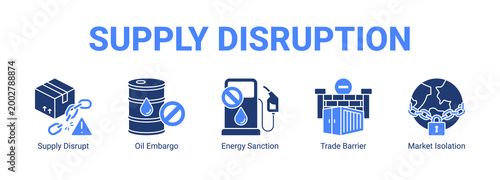 Supply Disruption web banner icon concept, with Supply Disrupt, Oil Embargo, Energy Sanction, Trade Barrier.