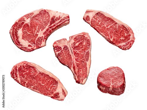 Konstfotografi Collection of raw premium beef cuts including ribeye, New York strip, T-bone, and filet mignon