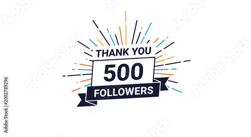 Social media milestone celebration banner for five hundred followers featuring decorative sunburst rays and a dark blue ribbon.