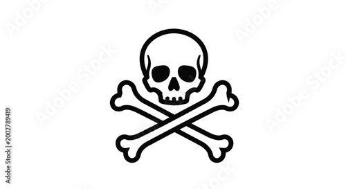 Traditional skull and crossbones symbol in black and white line art representing danger, poison, pirates, and lethal warnings.