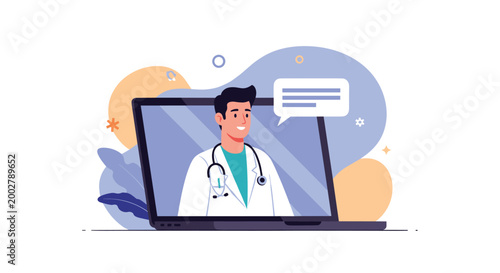 Laptop screen showing a male doctor in a white coat providing an online medical consultation through a video call via internet.