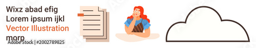 Data storage, creative planning, cloud computing, organization, decision-making, digital workflow. A woman pondering with documents and a cloud icon. Data storage and creative planning concept