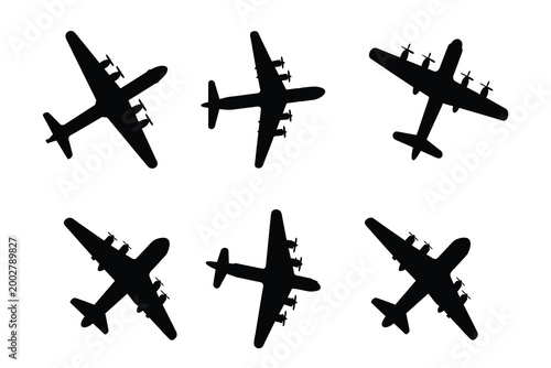 Four-Engine Propeller Airplane Silhouettes Set, Vintage Heavy Transport Aircraft and Cargo Plane Vector Illustrations