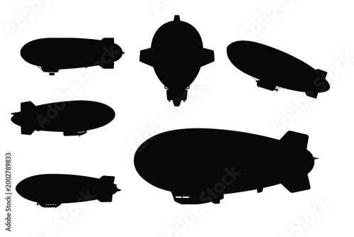 Blimp and Airship Silhouettes Set, Vintage Dirigible and Zeppelin Vector, Retro Aviation Graphics