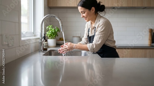Woman washing her hands under a faucet in a modern kitchen, symbolizing hygiene and cleanliness