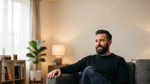 A handsome man with a beard sitting comfortably on a sofa in a modern living room, looking out a window