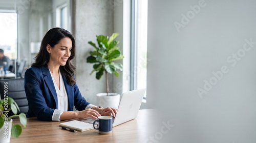 Smiling business professional working efficiently on a laptop in a bright modern office environment, demonstrating productivity and corporate success