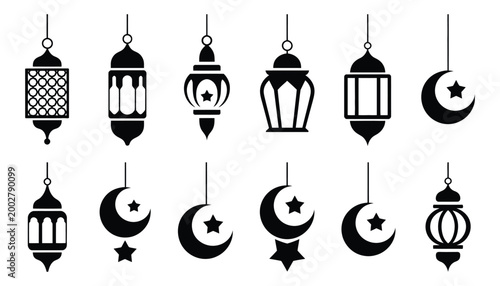 Ramadan lantern and crescent moon icons in black and white, elegant Islamic decorative vector set for festive celebrations and cultural design elements