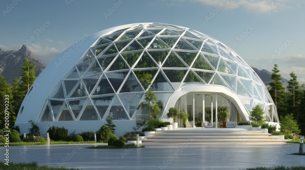 Obraz premium Modern Geodesic Dome House Surrounded by Lush Greenery with Mountains in the Background and a Bright Blue Sky for Sustainable Living Inspiration
