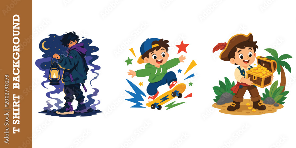 Naklejka premium Anime boy with lantern and skateboarder kid plus little pirate holding gold treasure chest.