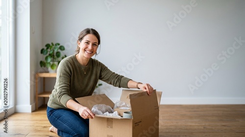 Smiling woman kneeling and unpacking a cardboard box in a bright, minimalist room
