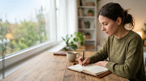 Young woman focused on writing in a journal at a wooden desk by a window with greenery outside