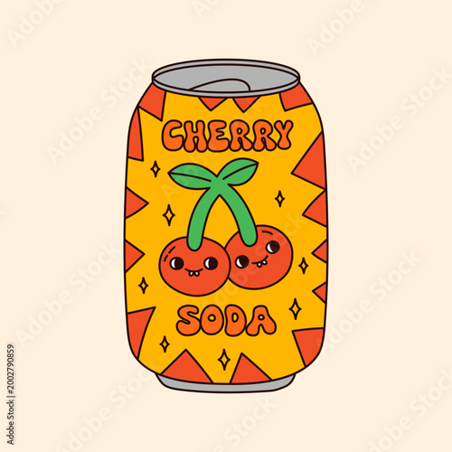 Hand-drawn bold illustration of cartoon cherry soda in metal can. Funky retro fizzy soft drink. 90s doodle fast food beverage. Vector graphic