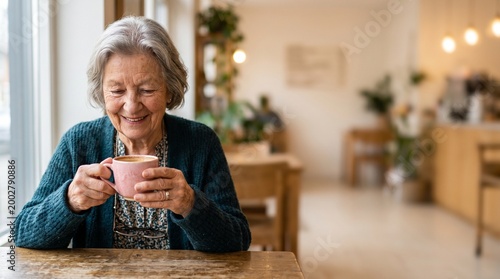 Smiling senior woman enjoying a warm cup of coffee in a bright, modern cafe setting, relaxing moment
