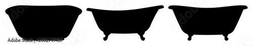 Black silhouette, white background: bathtub set with simple line art design featuring sketches, drawings, vector graphics with minimalist and simple illustrations