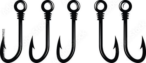Set of five sharp black fishing hook silhouettes isolated on white background for angling sports commercial fishing tackle and equipment