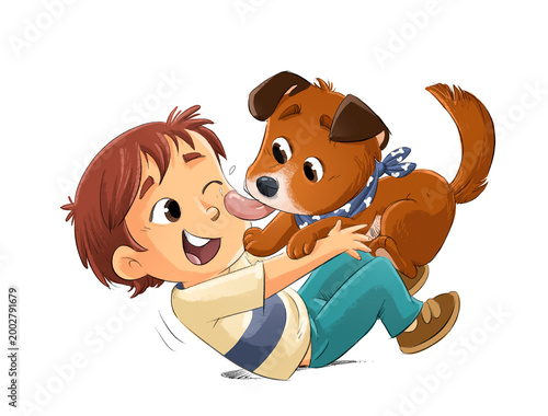 Little boy and dog playing in a very funny way