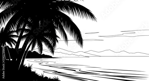Tropical Paradise Silhouette: A serene tropical scene, palm trees stand in silhouette against a beautiful beachfront landscape and distant mountains, creating a striking black and white composition.