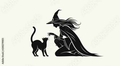 Mystic Silhouette: A witch, robed and hat-crowned, shares a silent moment with a sleek black cat, a scene exuding mystery and magic.