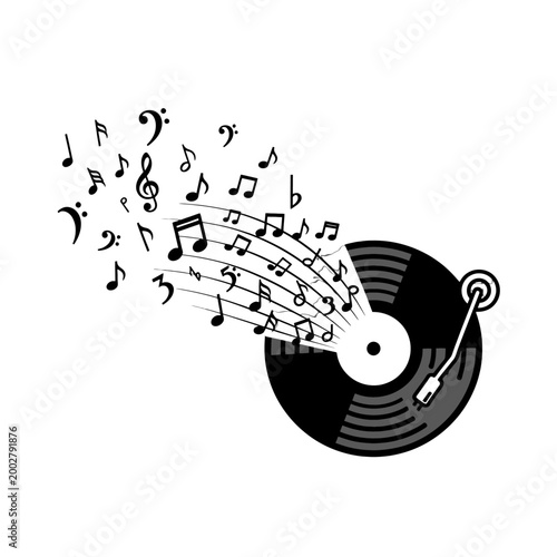 A black and white illustration of a vinyl record playing musical notes