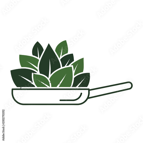 A simple illustration of green leaves inside a cooking pan