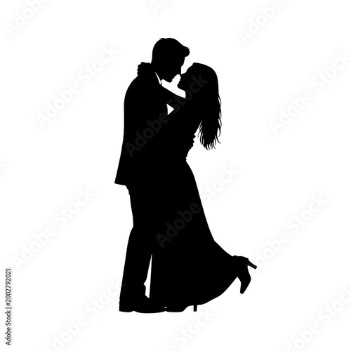 A black silhouette of a romantic couple embracing each other in a dance pose