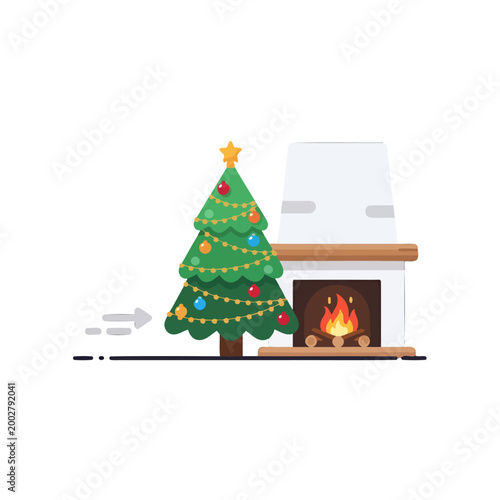 A decorated evergreen tree stands next to a warm fireplace in a cozy room