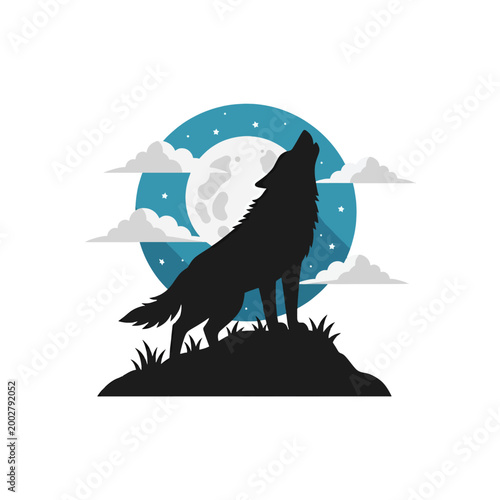 A silhouette of a wild wolf howling at the full moon in the night sky