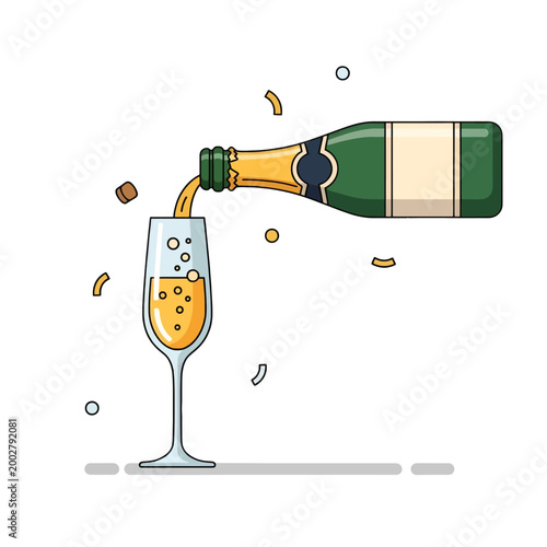 A bottle pouring sparkling wine into a glass for a festive celebration