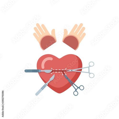 A flat vector illustration of a heart undergoing a medical surgical procedure