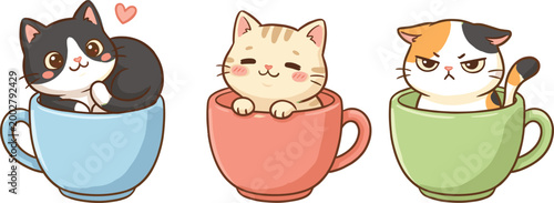 Cute cartoon cat teacup vector set featuring adorable kittens in mugs for stickers stationery and kawaii themed designs.