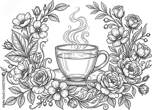 Elegant hand drawn coffee cup vector illustration with steaming mug and floral botanical wreath for cafe branding.