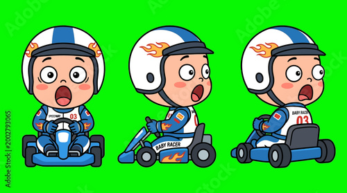 Cartoon Kart Racer with Helmet and Racing Suit on Green Background.