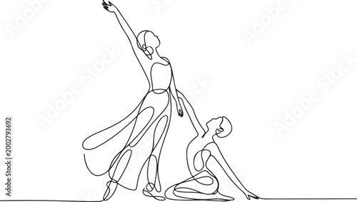 Continuous Line Drawing of Ballet Dancers Performing Graceful Movement with Elegant Artistic Pose for Dance, Performance, Poster, and Creative Design Projects