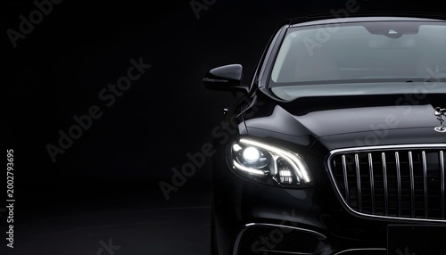 Elegant black luxury sedan front detail with illuminated headlights and grille